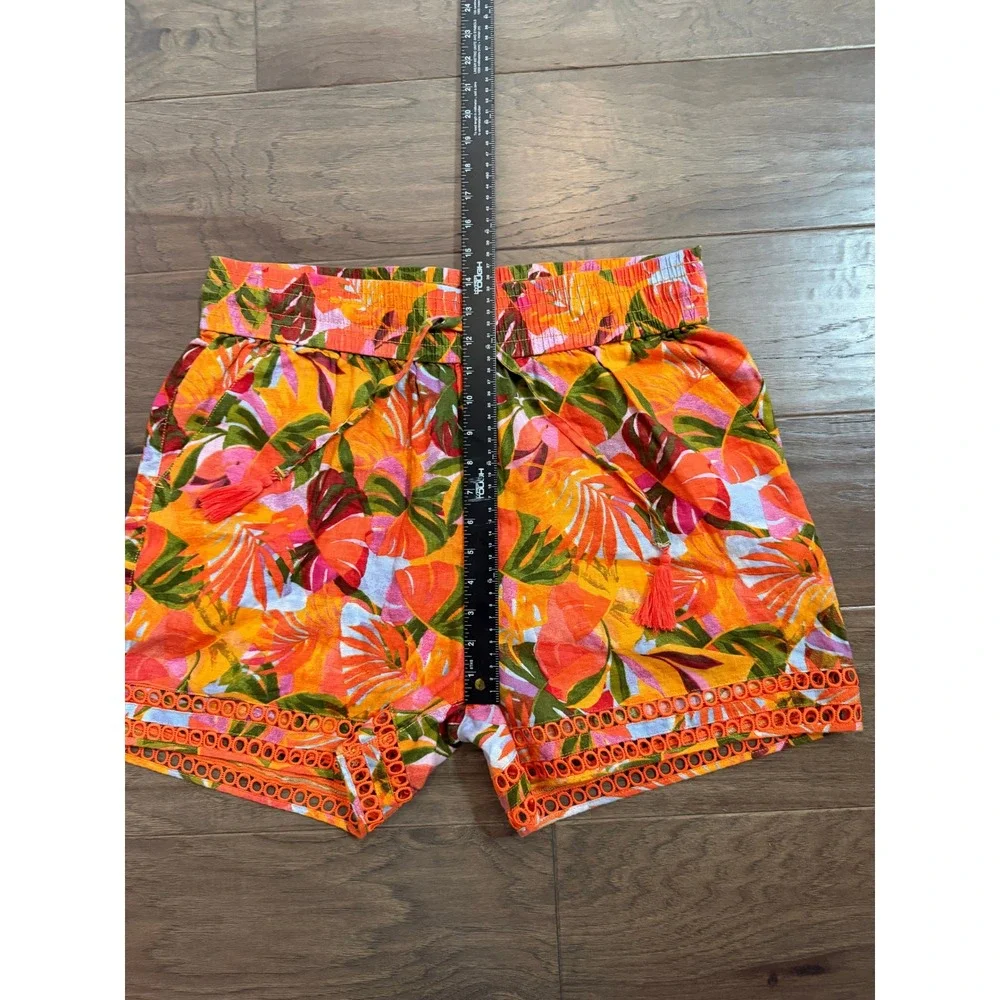 C&C California Women XL Orange Tropical Linen Shorts Boho Eyelet Tassel Trim - Picture 6 of 7